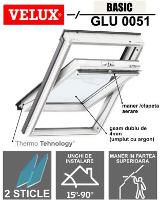Fereastra mansarda VELUX GLU 0051, poliuretan, 2 sticle, maner sus