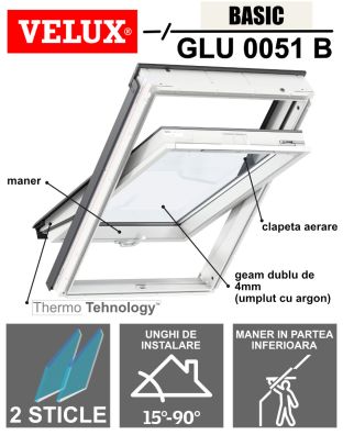 Fereastra mansarda VELUX GLU 0051B, poliuretan, 2 sticle, maner jos