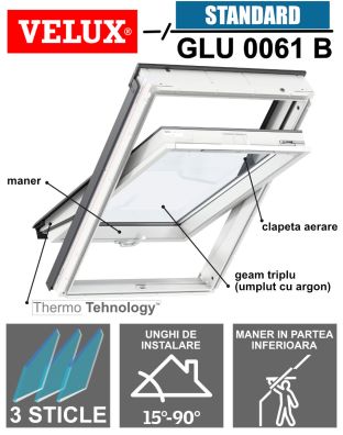 Fereastra mansarda VELUX GLU 0061B, poliuretan, 3 sticle, maner jos