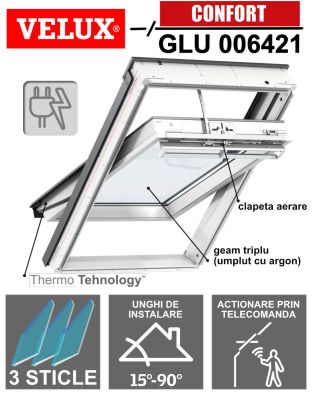Fereastra mansarda VELUX GLU 006421, electrica, poliuretan, 3 sticle