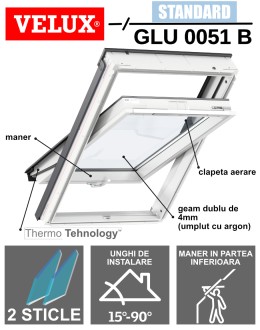 Fereastra mansarda Velux GLU 0051B, poliuretan, 2 sticle, maner jos