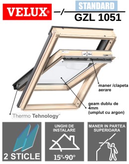 Fereastra mansarda Velux GZL 1051 lemn pin, 2 sticle, maner sus