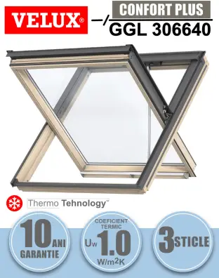Fereastra mansarda VELUX GGL 306640, evacuare fum, lemn de pin, 3 sticle