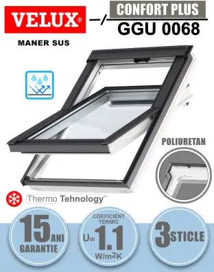 Fereastra mansarda VELUX GGU 0068, poliuretan, 3 sticle, maner sus