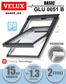 Fereastra mansarda VELUX GLU 0051B, poliuretan, 2 sticle, maner jos