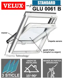Fereastra mansarda VELUX GLU 0061B, poliuretan, 3 sticle, maner jos