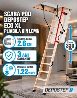 Scara pod DEPOSTEP ECO XL chepeng pod pliabil din lemn, maner telescopic, H max 330 cm