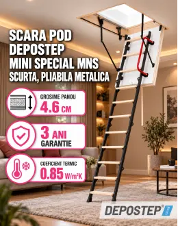 Scara pod DEPOSTEP MINI SPECIAL MNS scurta, metalica cu trepte din lemn, H max 260-265 cm