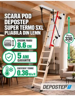 Scara pod DEPOSTEP SUPER TERMO SXL chepeng pod pliabil din lemn, maner telescopic, H max 330 cm