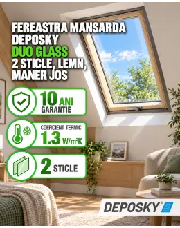 Fereastra mansarda DEPOSKY DUO GLASS 2 sticle, lemn, maner jos