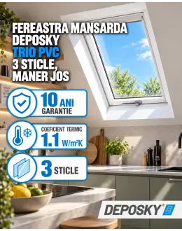 Fereastra mansarda DEPOSKY TRIO PVC 3 sticle, maner jos