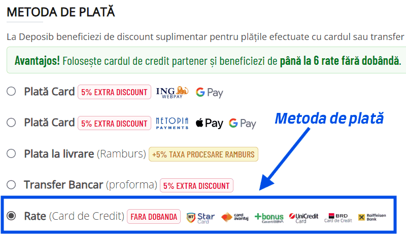 Alege metoda de plata: Rate Card de credit la finalizarea comenzii