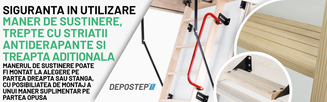 Scara pod din lemn DEPOSTEP STP- maner sustinere, trepte antiderapante si treapta aditionala scara pod