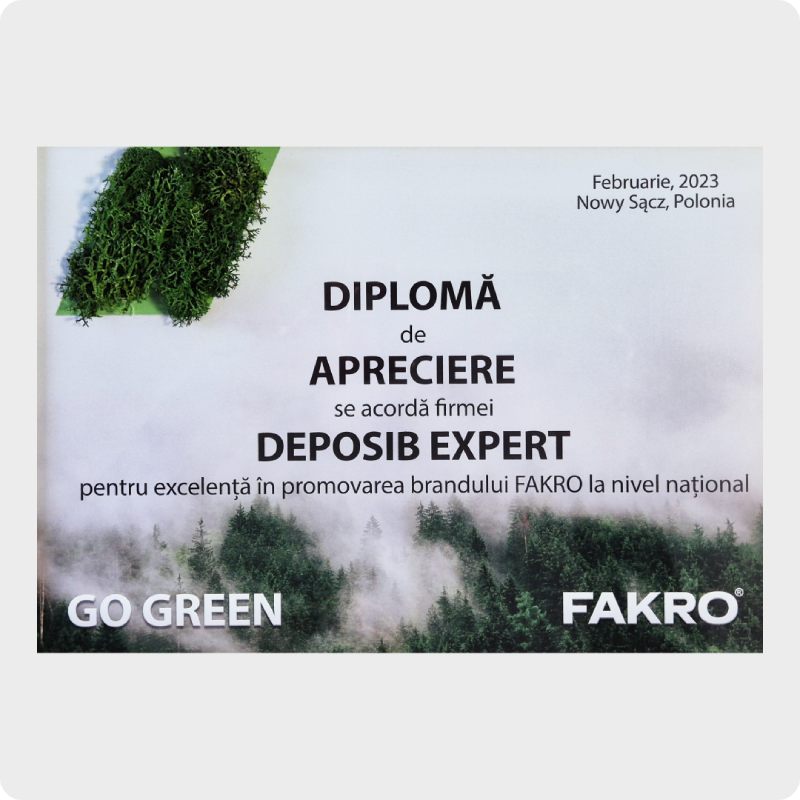 Diploma pentru excelenta in promovarea brandului Fakro - Deposib Expert